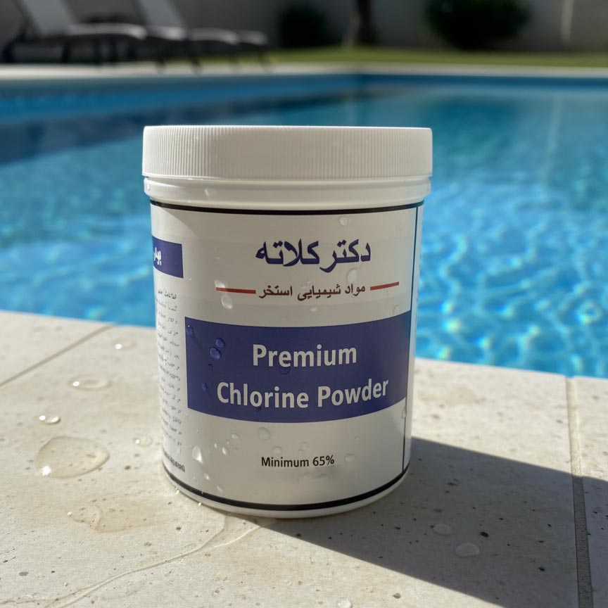 Container of Dr. Kalateh Premium Chlorine Powder with 65% minimum, placed beside a clear swimming pool