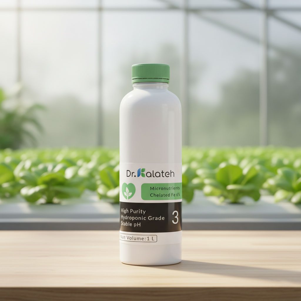 White bottle labeled "Dr. Kalateh Micronutrients Chelated Fe 6%" placed on a wooden surface in front of green hydroponic plants in a bright greenhouse