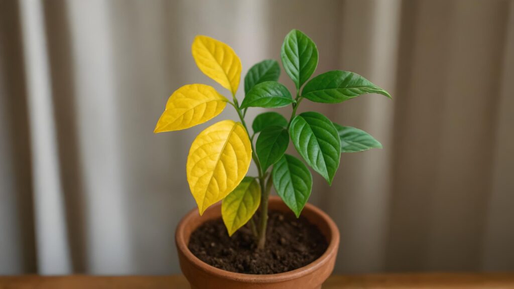 How to Fix Yellow Leaves in 7 Days A small potted plant with both vibrant green and yellow leaves, placed on a wooden surface with a blurred beige background